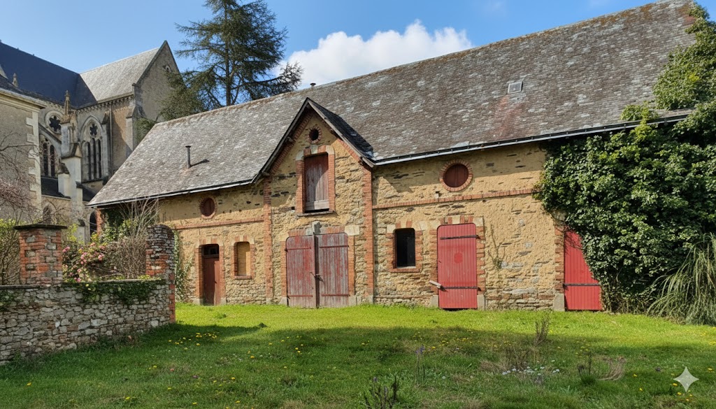 La longère en pierre et briques avec ses volets rouges, avant rénovation